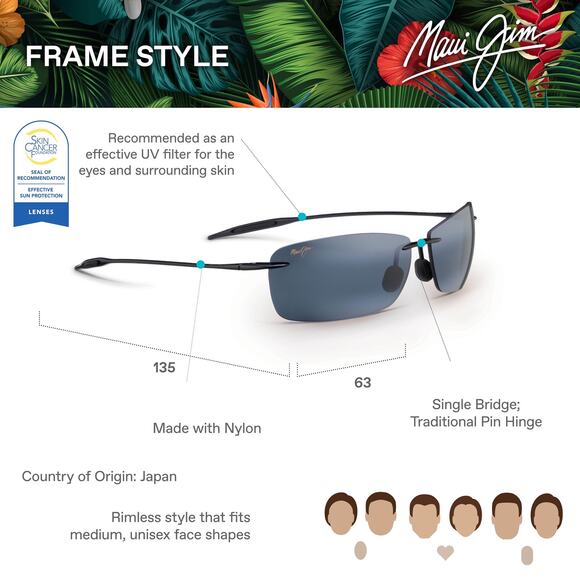 NWT Maui Jim Lighthouse Rimless Sunglasses, Gloss Black/Grey, Medium Fit - Picture 6 of 8